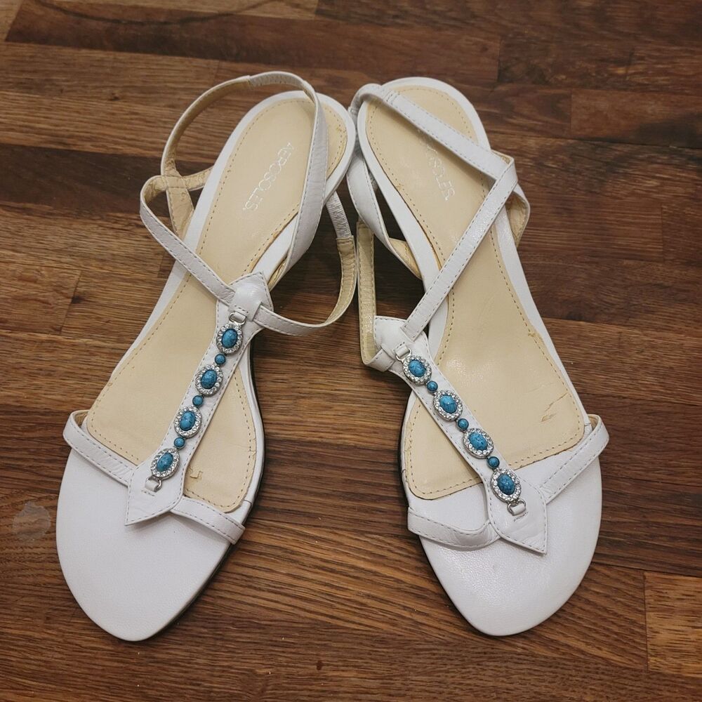 Aerosoles 7M Women's White Sandals Kitten Heel Strap Open-Toe Turquoise Beads
